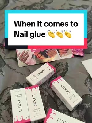 TikTok post by @mandyb_ugc_creator for Luxxi Nails. Caption reads: [...] to nail glue, it’s ALWAYS going to be @LUXXI....