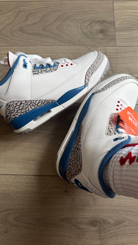Instagram post by @joehughesshoes for size. Caption reads: Air Jordan 3 True Blue 2026 on feet 👟‼️ The OG....