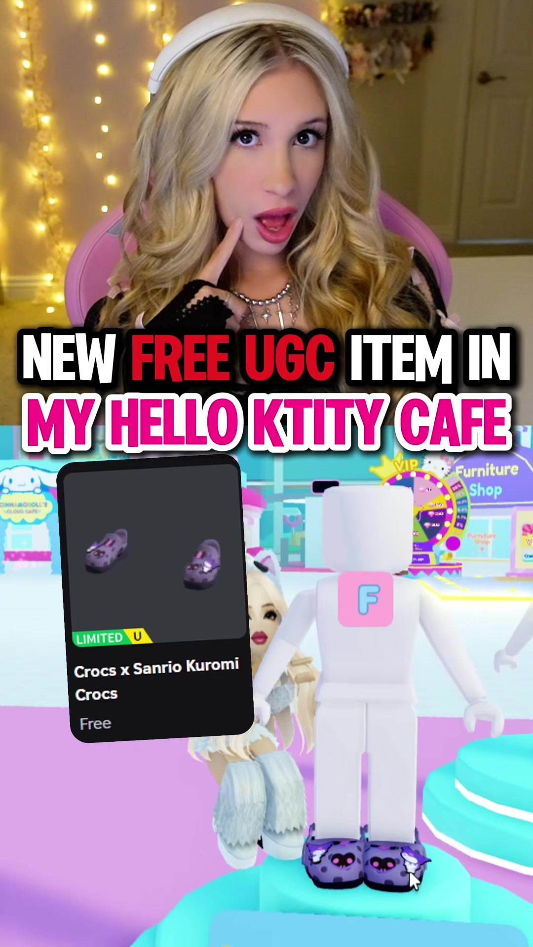 TikTok post by @lanaslifeee for Sanrio. Caption reads: [...] My Hello Kitty Cafe on ROBLOX! @Official....