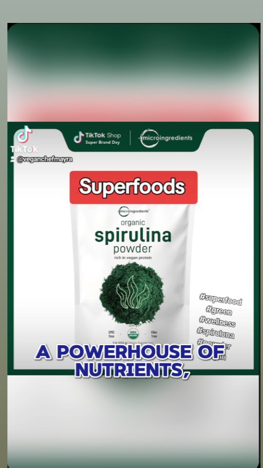 Instagram post by @veganchefmayra for Micro Ingredients. Caption reads: POWER HOUSE ORGANIC SPIRULINA....