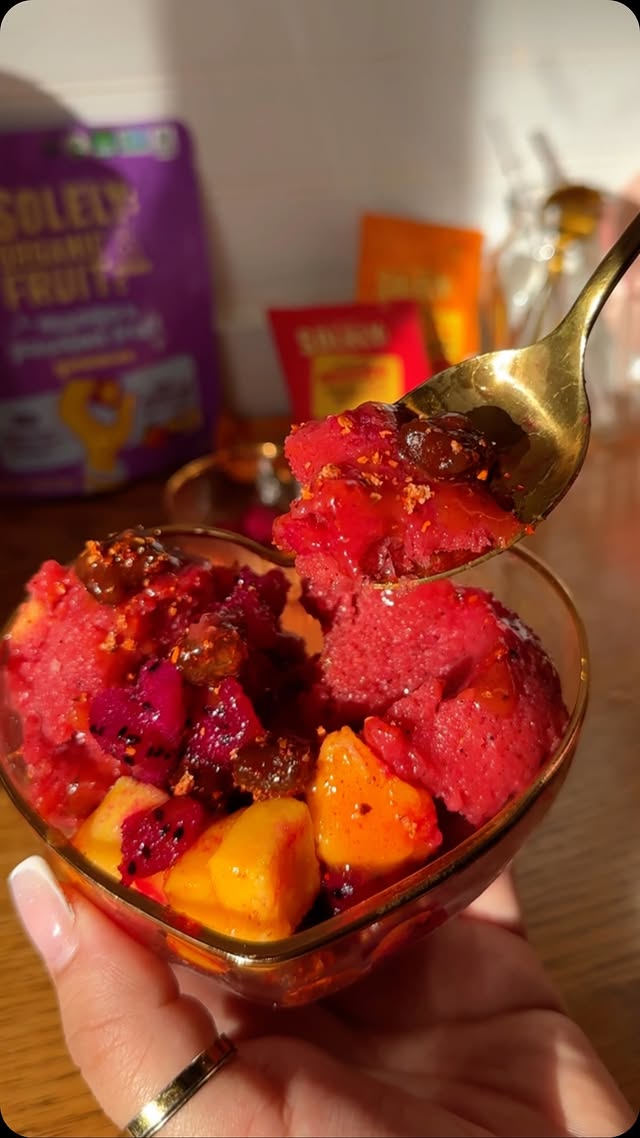 Instagram post by @mascocina05 for Solely. Caption reads: Dragon Fruit Mangonada 🌺🥭🌼 Featuring Solely....