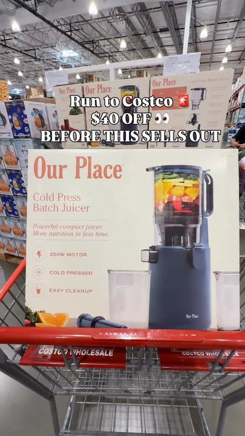 Instagram post by @costconewdeals for Our Place. Caption reads: 🏃‍♀️ RUN to Costco!!! 🧃✨ The Our Place Cold....