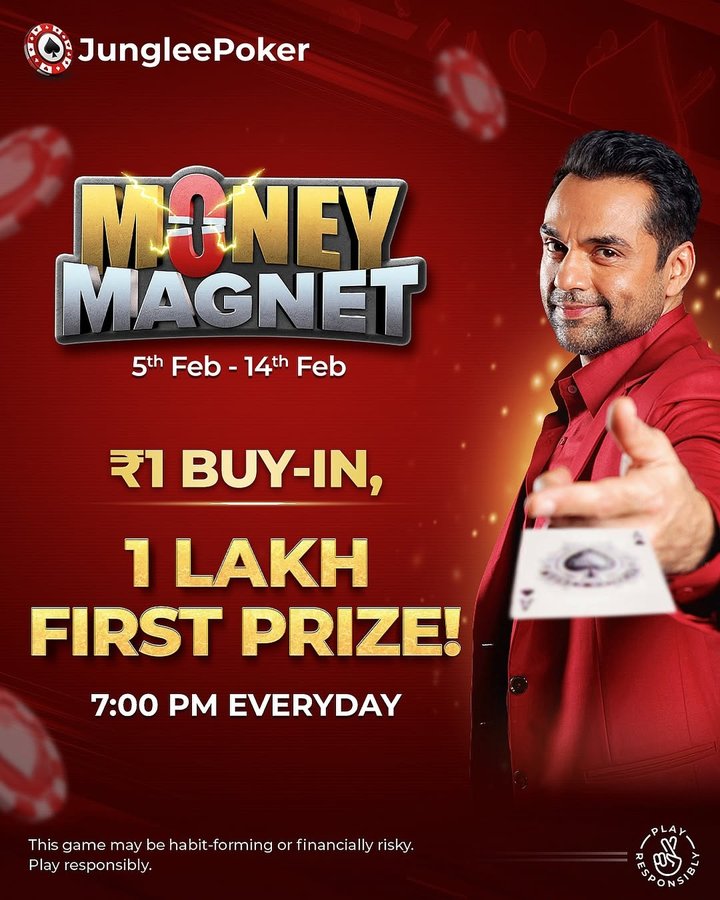 Instagram post by @gautam_hereee_ for Junglee Poker. Caption reads: [...] the money magnet series on....