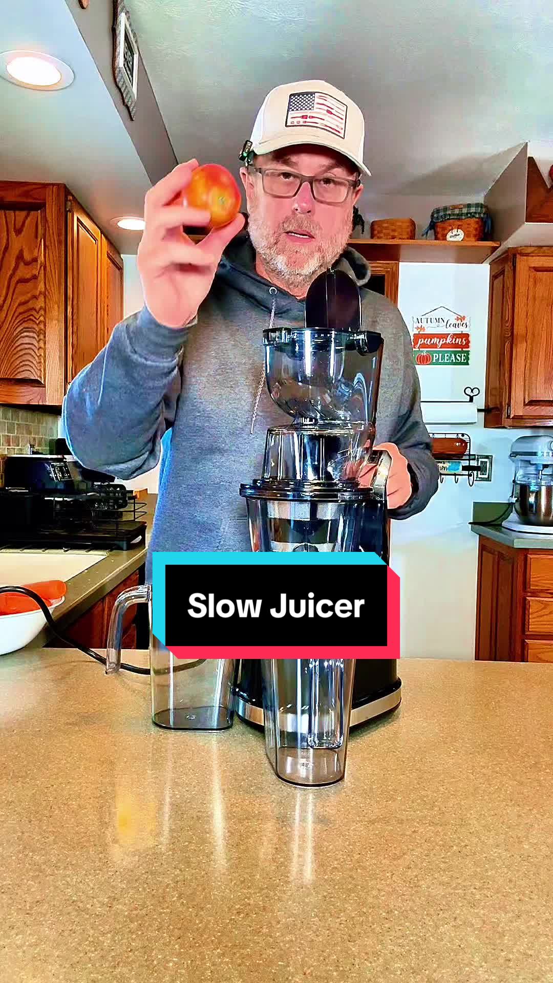 TikTok post by @roy_mccarty for Kitcheninthebox. Caption reads: Cold Press Slow Juicer Fruit and Vegetable Juicer....