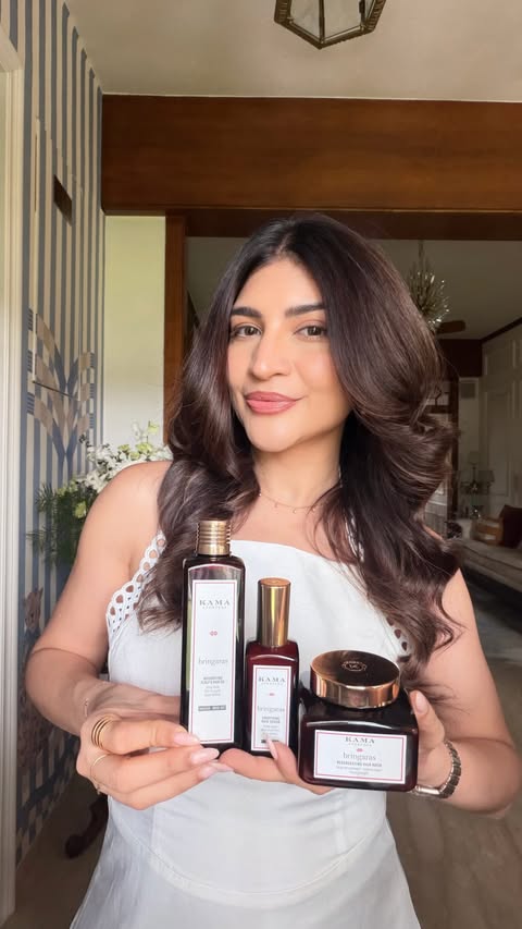 Instagram post by @kat_diaries for Kama Ayurveda. Caption reads: [...] hair now than I was in my 20s. This Kama....