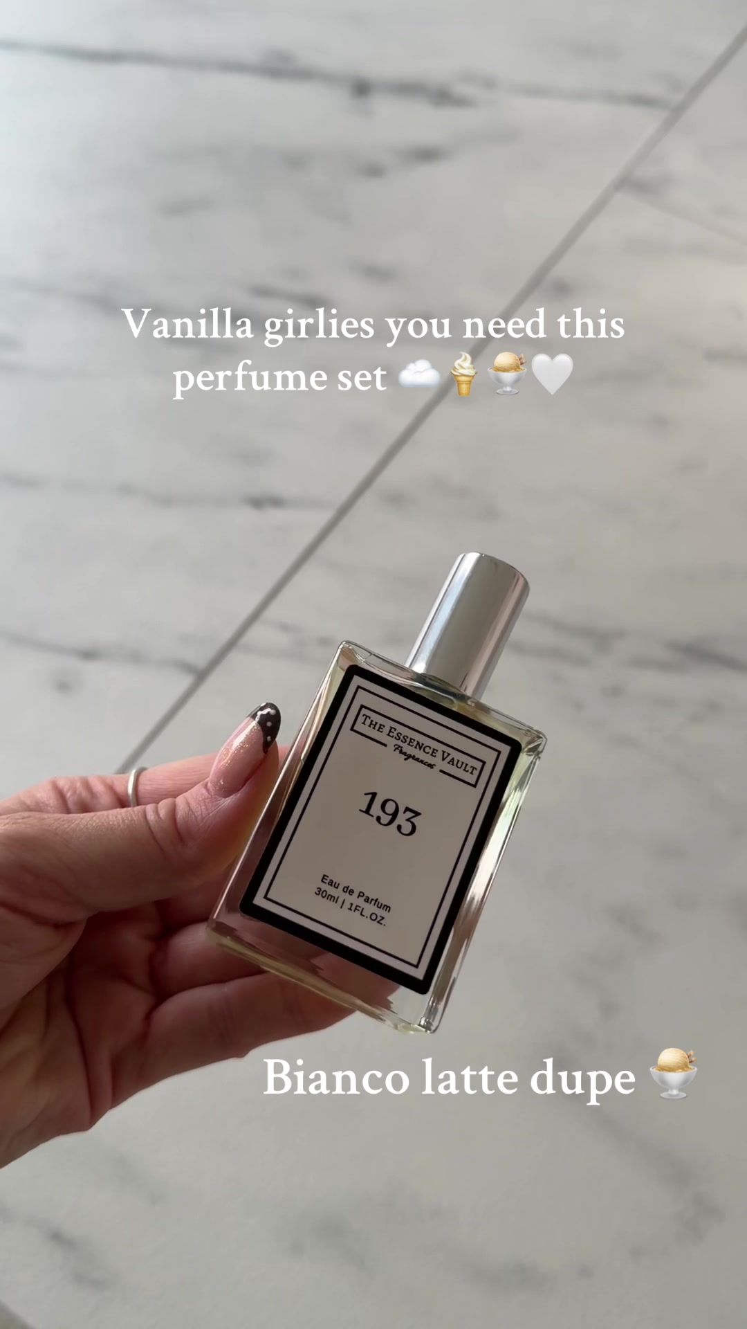 TikTok post by @athomewithlia for The Essence Vault. Caption reads: [...] #perfume #vanillaperfume #dupe @The Essence....