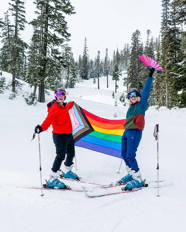 Instagram post by @itschrisandalex for Travel Oregon. Caption reads: Rainbows in the snow 🏳️‍🌈❄️ This weekend we....