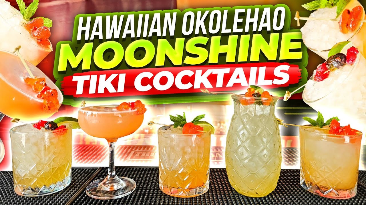YouTube post by @ThisIsTikiBar for Skinny Mixes. Caption reads: Craft EPIC Hawaiian Okolehao Moonshine Tiki....