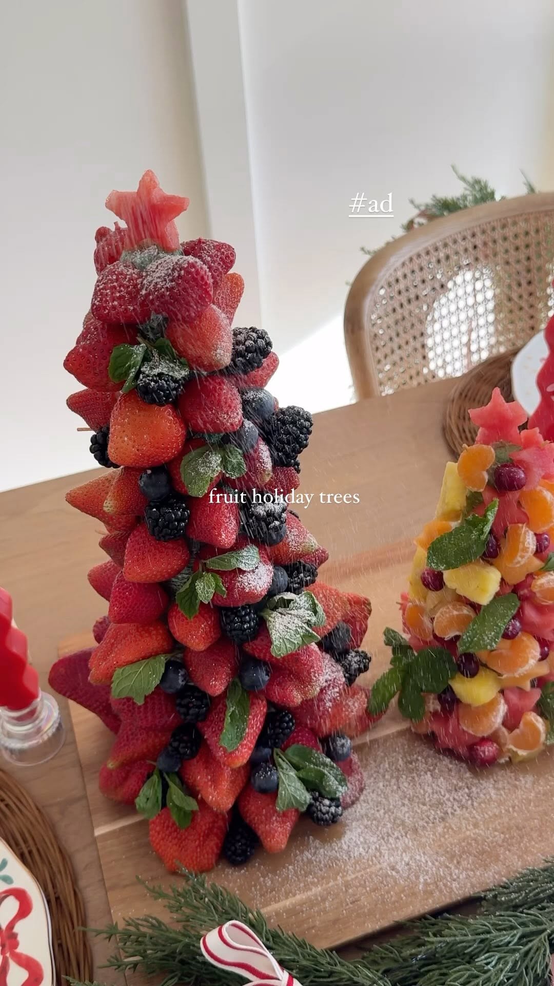 Instagram post by @debtrette for Amazon Fresh. Caption reads: #ad: let’s make some fresh fruit holiday trees!....