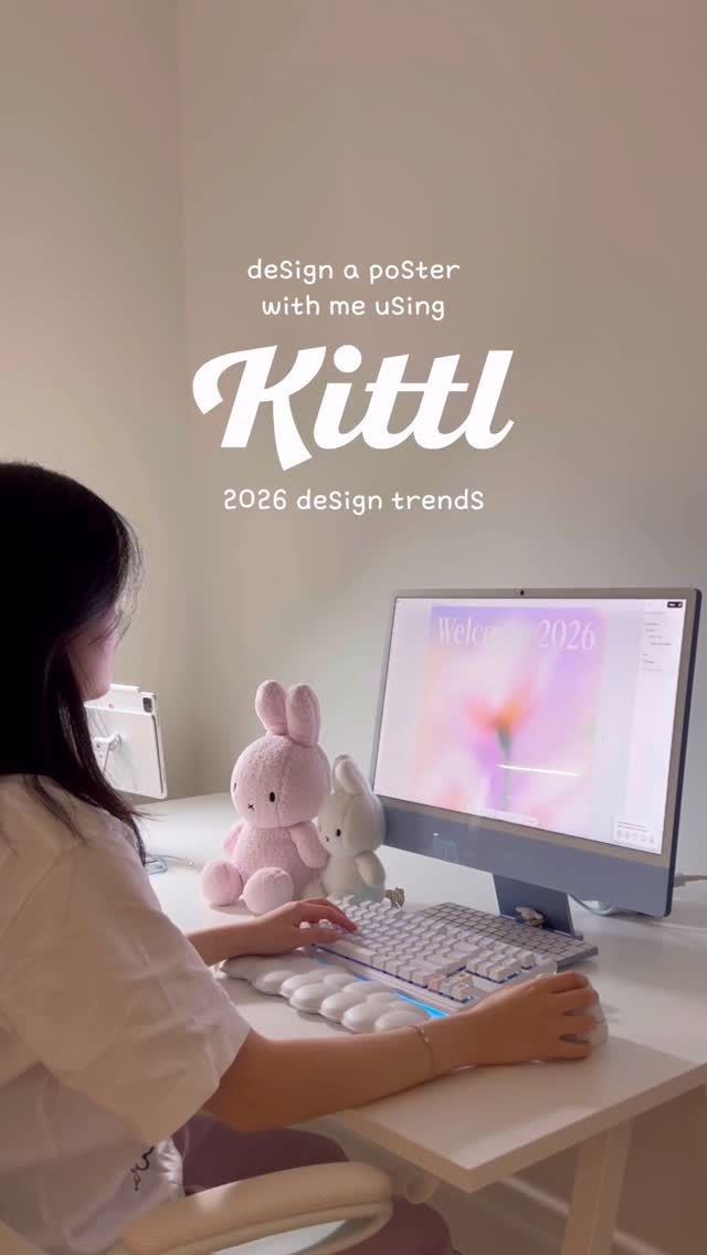 Instagram post by @justineyoonji for Kittl. Caption reads: #ad using @kittldesign 2026 design trends to....