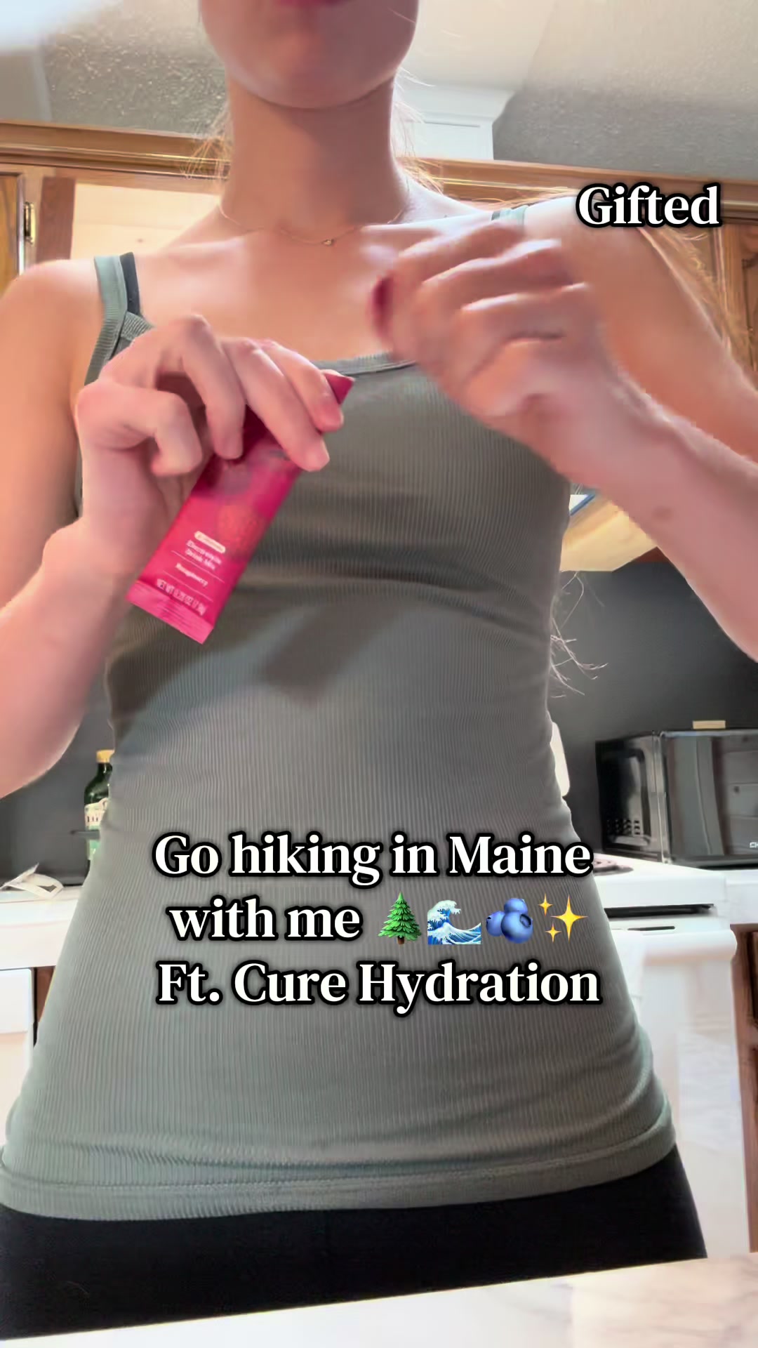 TikTok post by @life.with.abbyr for Cure Hydration. Caption reads: Gifted by Cure Hydration Go hiking in Maine with....