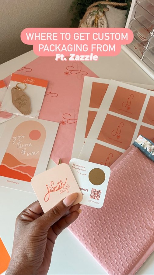 Instagram post by @jasmithdesigns for Zazzle. Caption reads: New custom packaging from @zazzle 😍 - This is how....