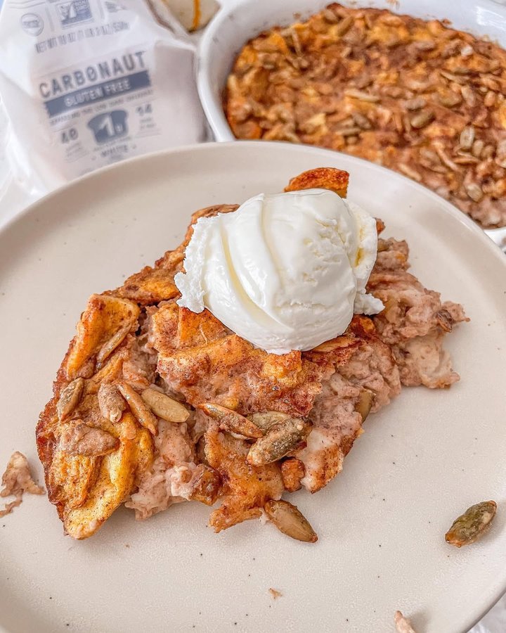 Instagram post by @marissaswholelife for The Kitchn. Caption reads: Pumpkin Spice Bread Pudding. it’s low carb, not....