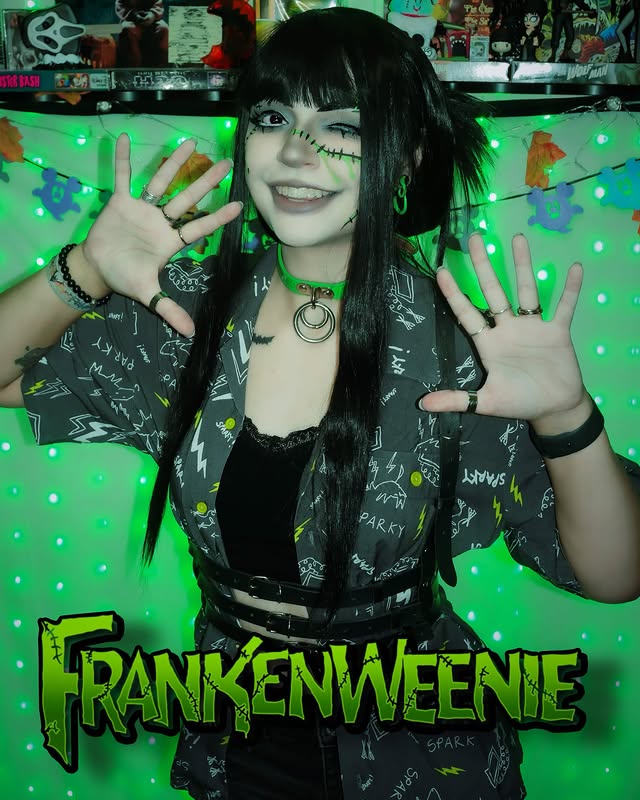 Instagram post by @nightmarekittykat for Hot Topic. Caption reads: [...] 』 💚⚡️ Frankenweenie Button Up Top by....