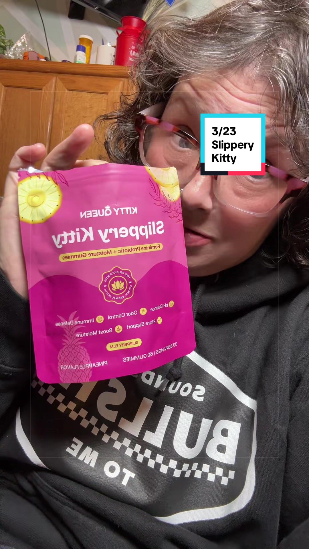 TikTok post by @chrisgagz for KittyQueen. Caption reads: [...] #femininehygeine #feminineprobiotics....
