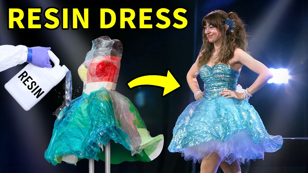 YouTube post by @EvanAndKatelyn for TotalBoat. Caption reads: We Made a Resin Dress (and wore it on a RUNWAY).