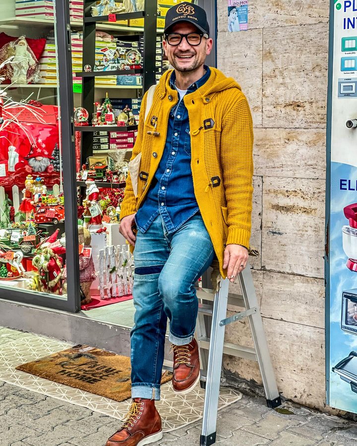 Instagram post by @naplesdenimhead for Red Wing Heritage. Caption reads: [...] 
Hat and bag @grivecbros 
Boots....