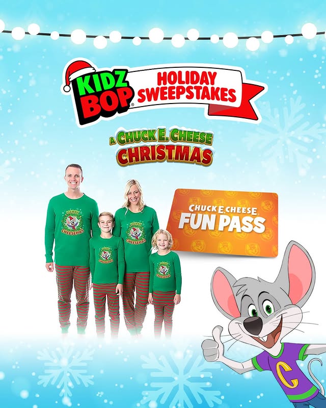 Instagram post by @kidzbop for Chuck E. Cheese. Caption reads: [...] - win some holiday fun with a @chuckecheese....