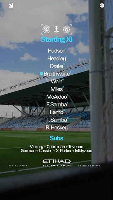 Instagram post by @mancityacademy for Etihad Airways. Caption reads: Your City side for the FA Youth Cup final 🩵 🤝....