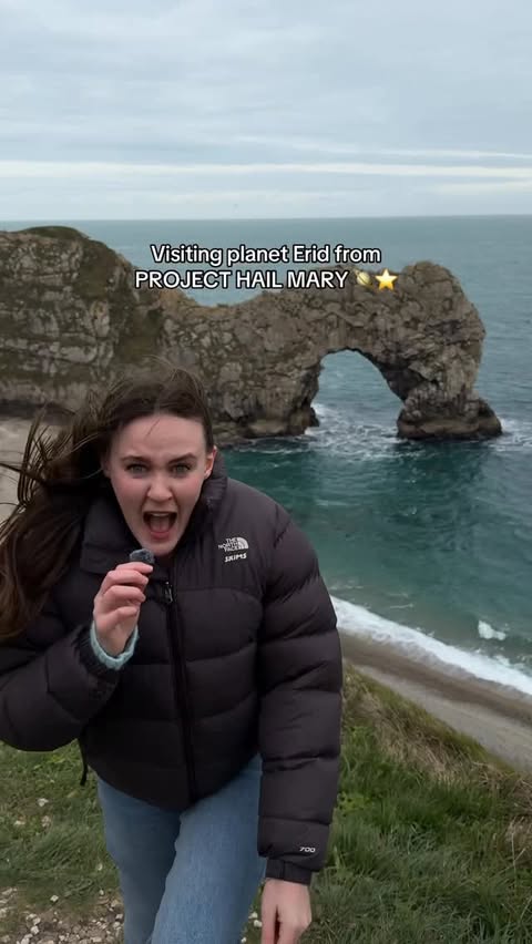 Instagram post by @melmadawg for Sony Pictures. Caption reads: [...] UK!! 📍Durdle door beach @sonypicturesuk....