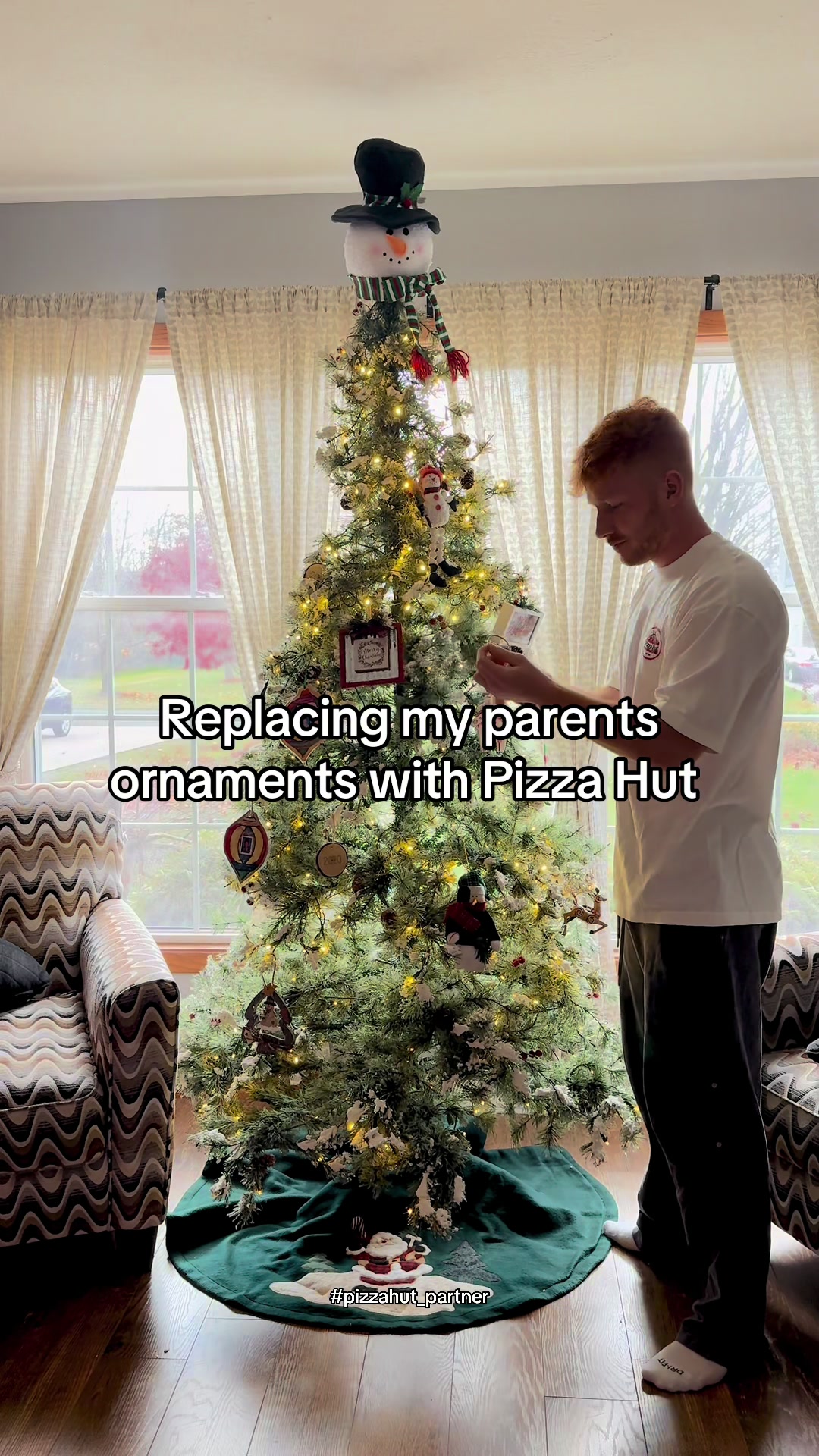 TikTok post by @corbinmillet for Pizza Hut. Caption reads: Gonna just replace the tree with a giant slice of....