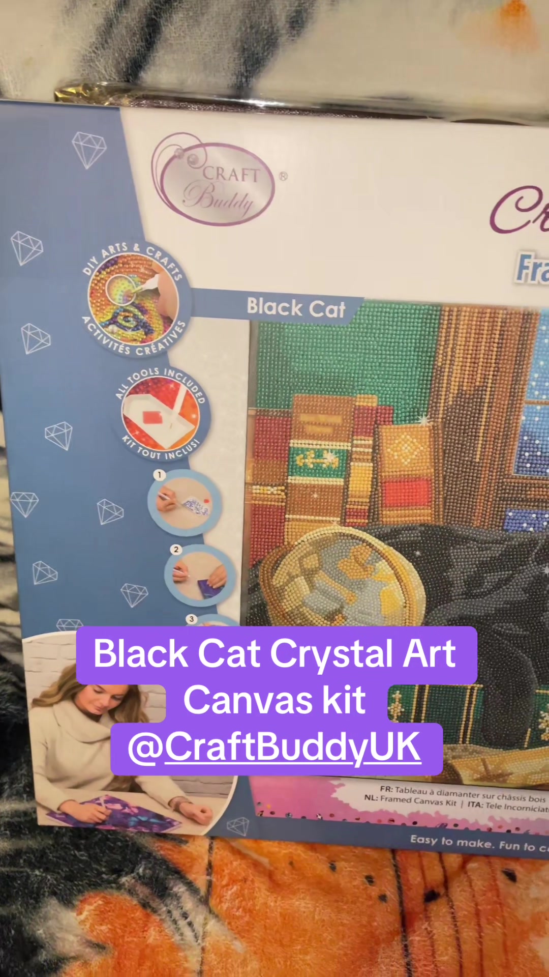 TikTok post by @awesomepawsome2017 for Craft Buddy. Caption reads: Black Cat Crystal Art Canvas kit by @Craft Buddy....