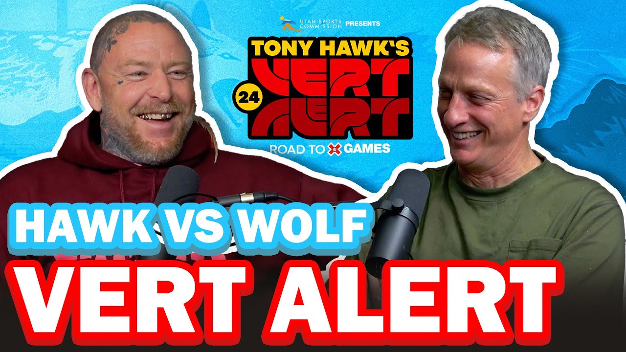 YouTube post by @HawkvsWolf for Neveneyewear. Caption reads: Tony Hawk and Jason Ellis’ Vert Alert Recap | EP....