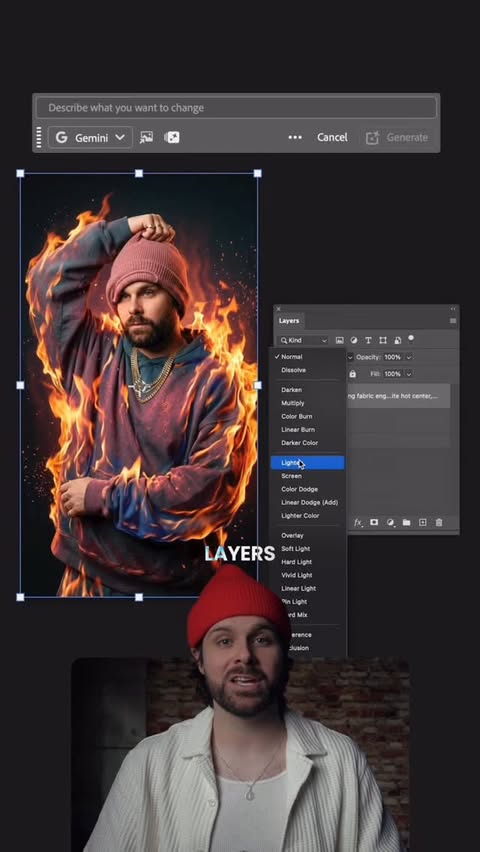 Instagram post by @justinserran for Adobe Live Community. Caption reads: Nano Banana 2 is NOW inside Generative Fill and....