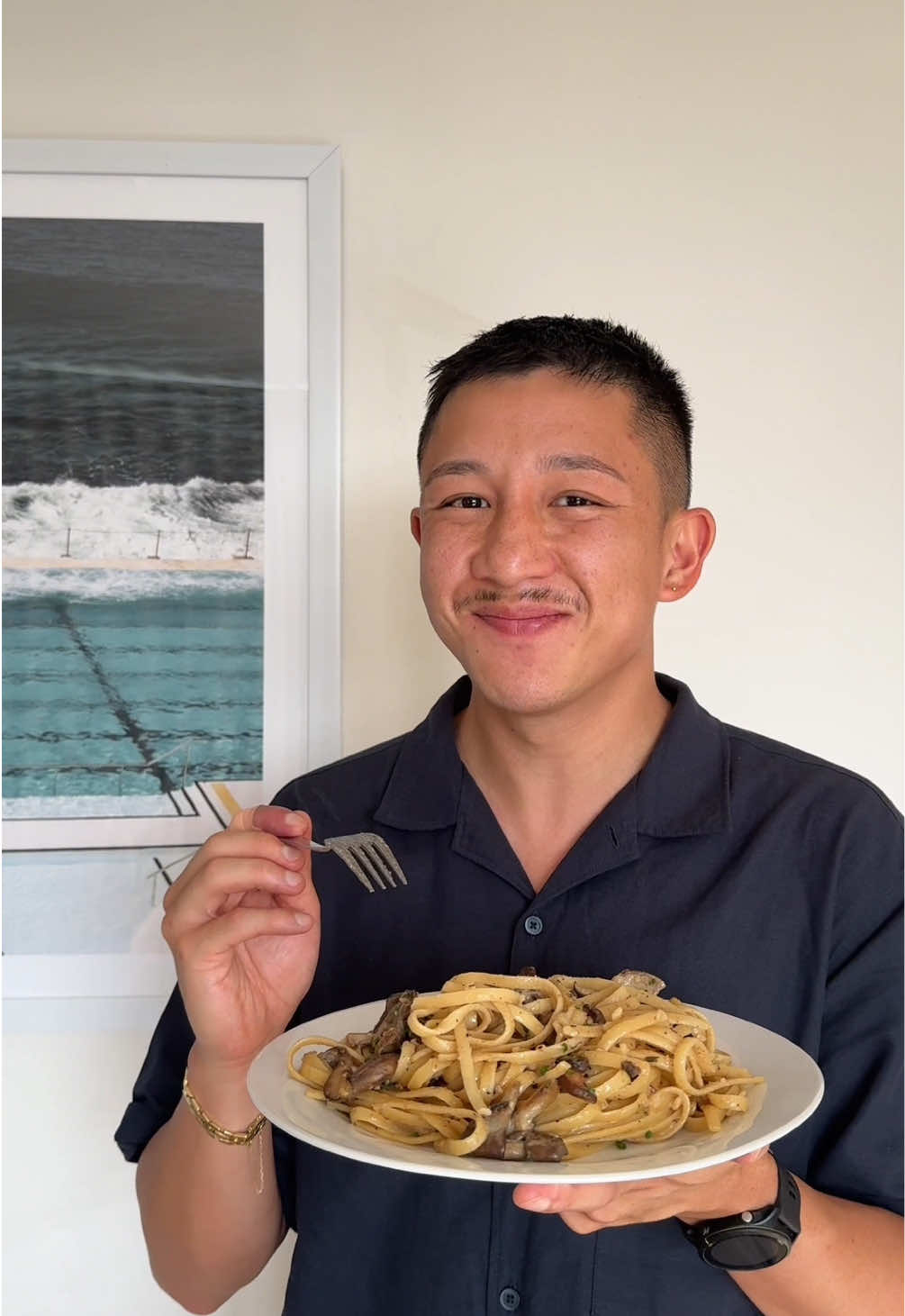 TikTok post by @brendanpang for Barilla. Caption reads: CREAMY MISO MUSHROOM PASTA 🍝🍄‍🟫🧀 You know it’s....