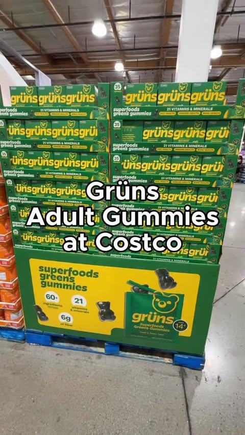 Instagram post by @costcohype for Grüns. Caption reads: [...] & minerals, and 6g of fiber, these Grüns....