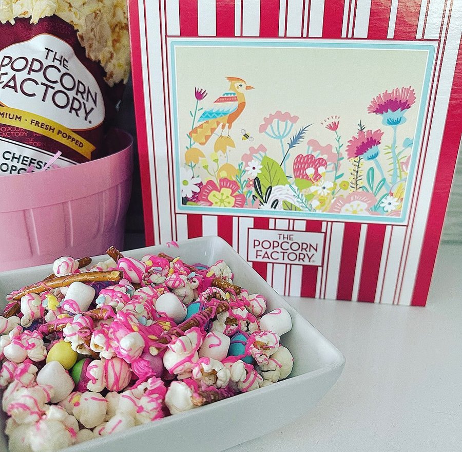 Instagram post by @missbrooklynmarie for The Popcorn Factory. Caption reads: #ad Our favorite springtime snack to make with....