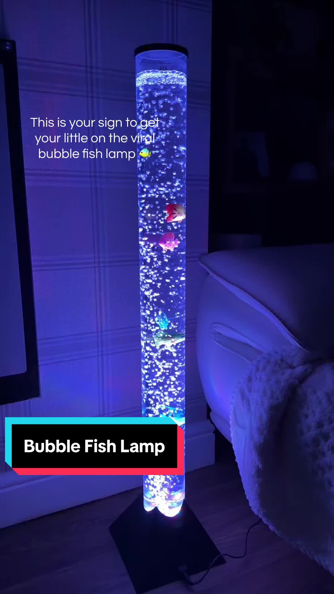 TikTok post by @shop.with.rhian for Straame. Caption reads: [...] fish lamp, great for sensory rooms 🐠....