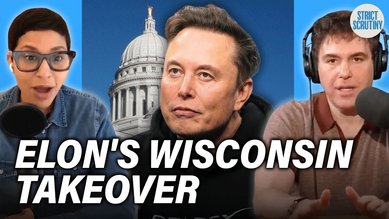 YouTube post by @strictscrutinypodcast for MOSH. Caption reads: Can Elon Musk Buy the Wisconsin Supreme Court....