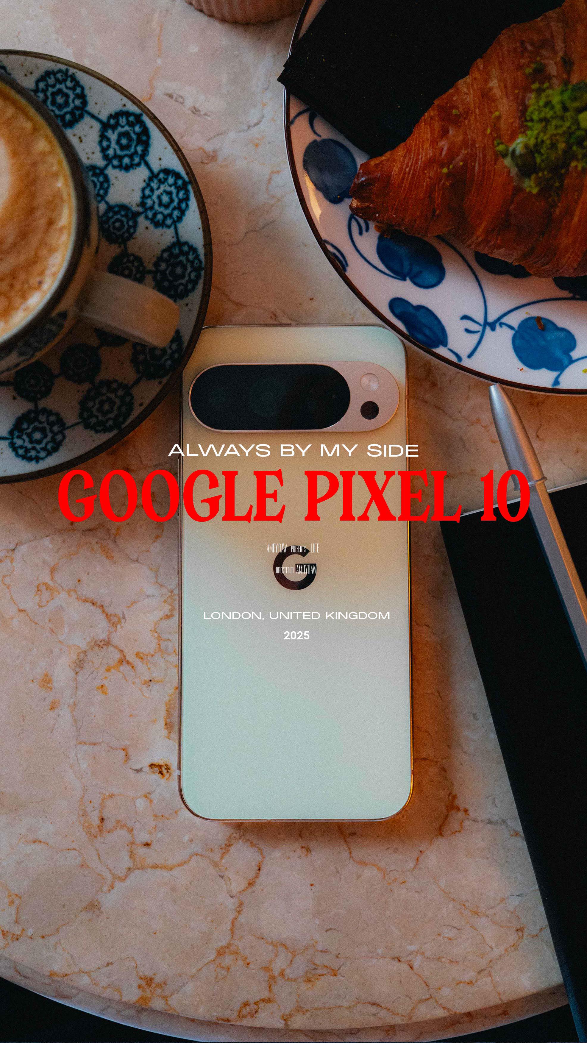 Instagram post by @amryraw for Google Pixel. Caption reads: Always by my side: the new Google Pixel 10....