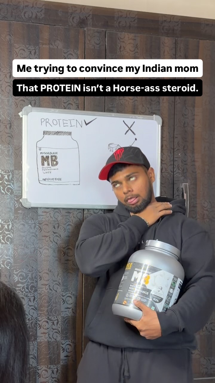 Instagram post by @hanzolifts_ for MuscleBlaze. Caption reads: Kaise samjhau ab 😞 

@muscleblaze 
Discount Code....