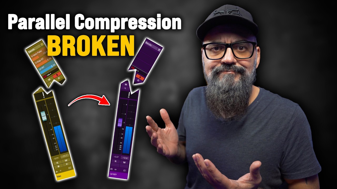 YouTube post by @mixdownonline for Audeze. Caption reads: Why Your Parallel Compression Sounds Wrong (It’s....