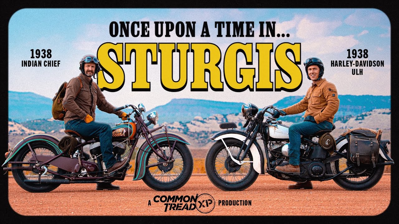 YouTube post by @RevZilla for Progressive. Caption reads: 800-Mile Road-Trip to Sturgis! 1938 Harley vs.....