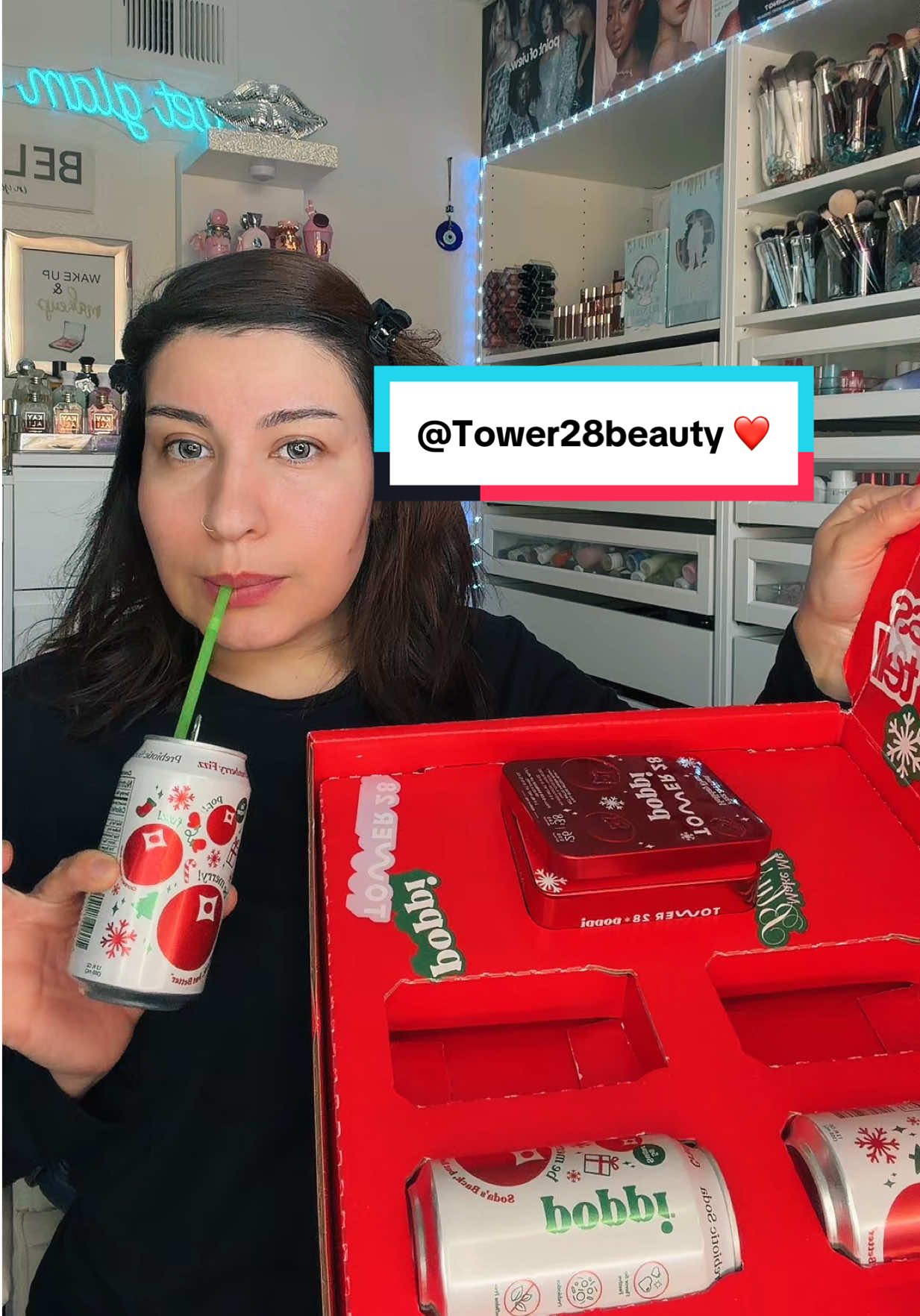 TikTok post by @get_glam_with_sadaf for Tower 28 Beauty. Caption reads: @Tower 28 Beauty X Poppi ❤️👌.