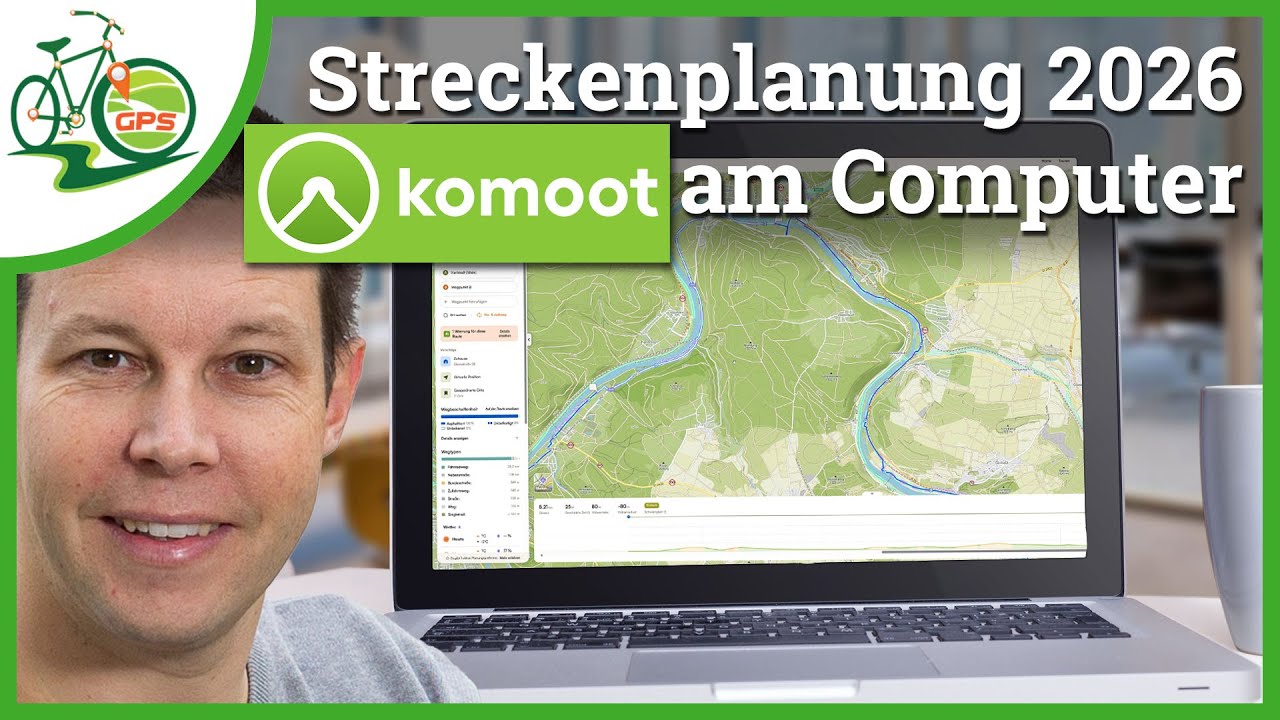 YouTube post by @GPSRadler for komoot. Caption reads: New features at komoot in 2026 💻 Tour planning on....