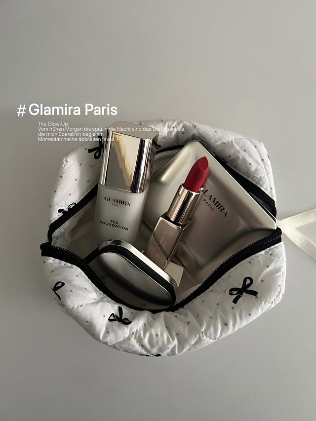 Instagram post by @im__talaa for GLAMIRA. Caption reads: Essentials only🤍 @glamira #makeupessentials....