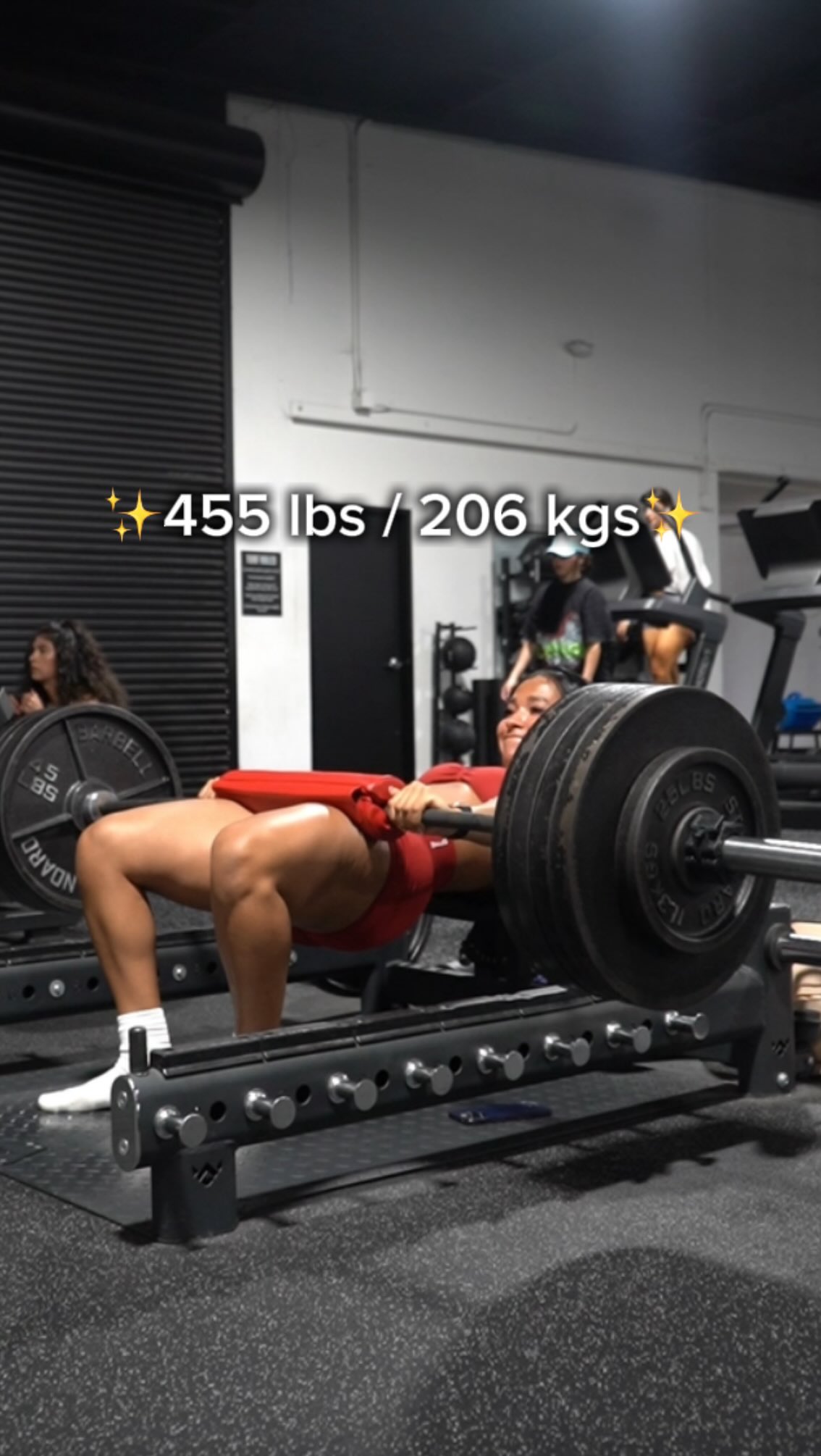 Instagram post by @lailadfitness for DFYNE. Caption reads: Hit a PR of 455lbs/206 kgs for hip thrusts! 

Do....