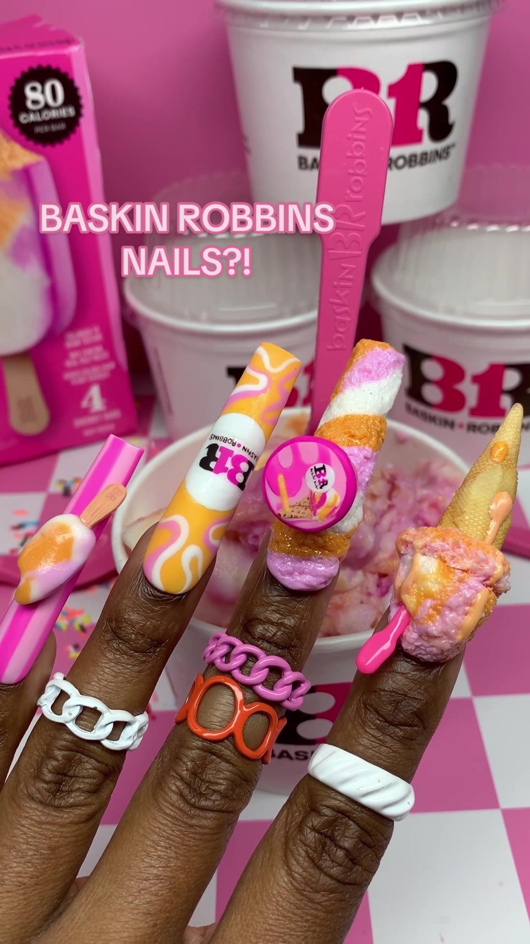 TikTok post by @polishedbykimmie for Baskin-Robbins. Caption reads: @BaskinRobbinsUS said “turn Rainbow Sherbet into....