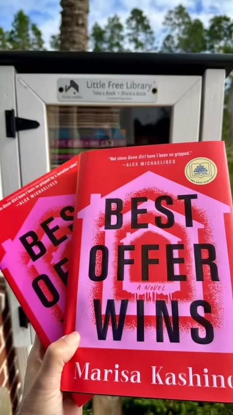 Instagram post by @annaisalwaysreading for Celadon Books. Caption reads: 📚Little Free Library Drop📚

Best Offer Wins....