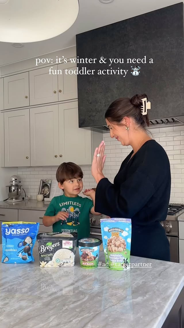 Instagram post by @a_southerndrawl for Yasso. Caption reads: #ad Winter fun with Jackson! ☃️ We are making ice....