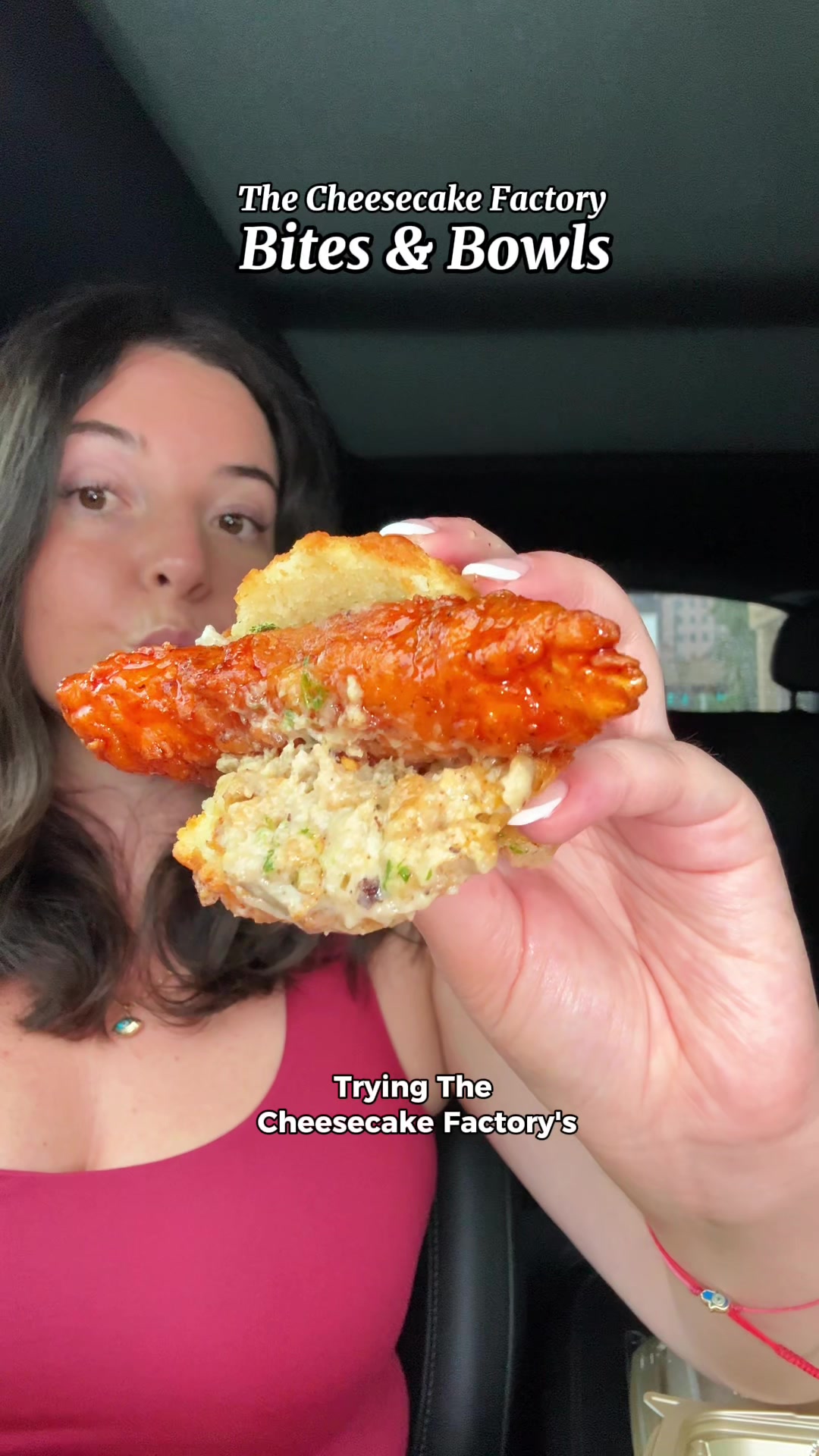 TikTok post by @treatyoselfeverywhere for The Cheesecake Factory. Caption reads: Trying @The Cheesecake Factory’s brand new Bites &....
