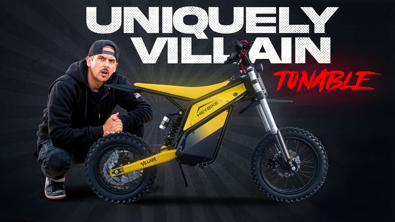 YouTube post by @MrCentralDriver for Heybike. Caption reads: Heybike Villain: E-Dirt Bike with Swappable [...].