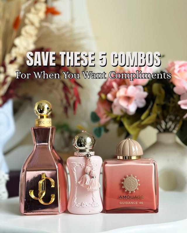Instagram post by @vicckyalfa for AMOUAGE. Caption reads: 5 fragrance combos that always get me compliments,....