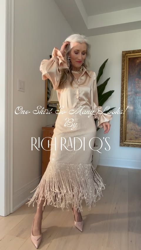 Instagram post by @katharinemdb for Rich Radiqs. Caption reads: [...] Sequin Crystal Fringe Skirt from @richradiqs....