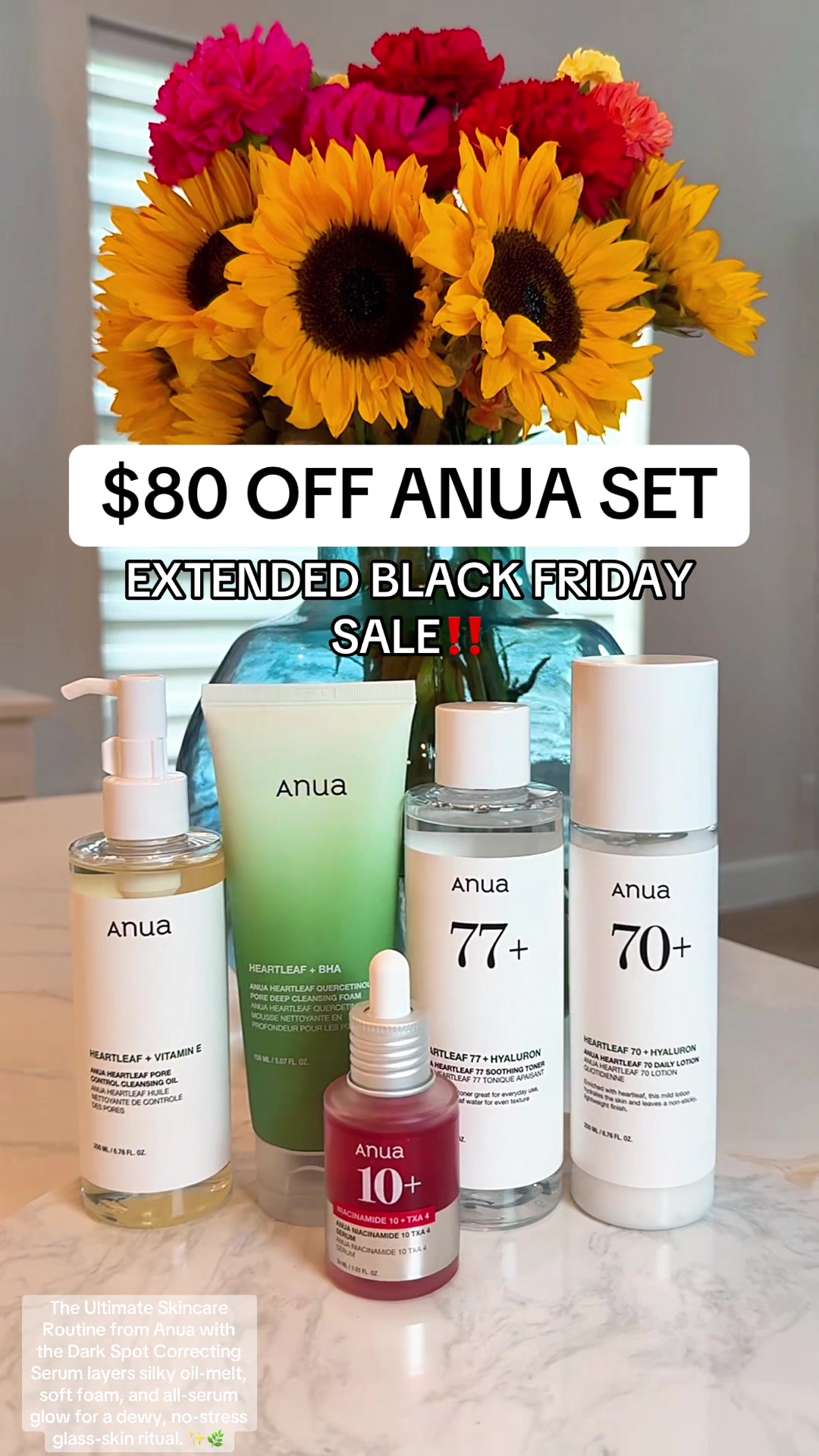 TikTok post by @myttsfindsss for Anua. Caption reads: [...] Ultimate Skincare Routine from Anua with the....
