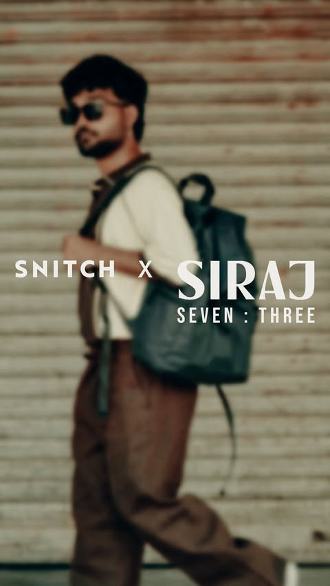 Instagram post by @harshit_mx for Snitch. Caption reads: A quiet frame. A sharp fit 🧥 SNITCH × SIRAJ —....